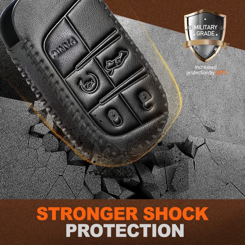 Slohif لملحقات غطاء مفتاح السيارة من الجلد لسيارة Grand Cherokee Renegade Chrysler 200 300 Dodge RAM Durango Challenger Journey Dart Fiat 5 أزرار حافظة جلدية + حلقة D + خطاف (أسود) - Image 3